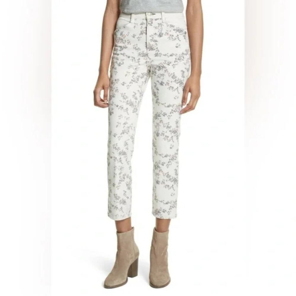 Rag & Bone Womens Ellie Micro Floral Straight Leg Cropped Jeans Ivory Cream 24